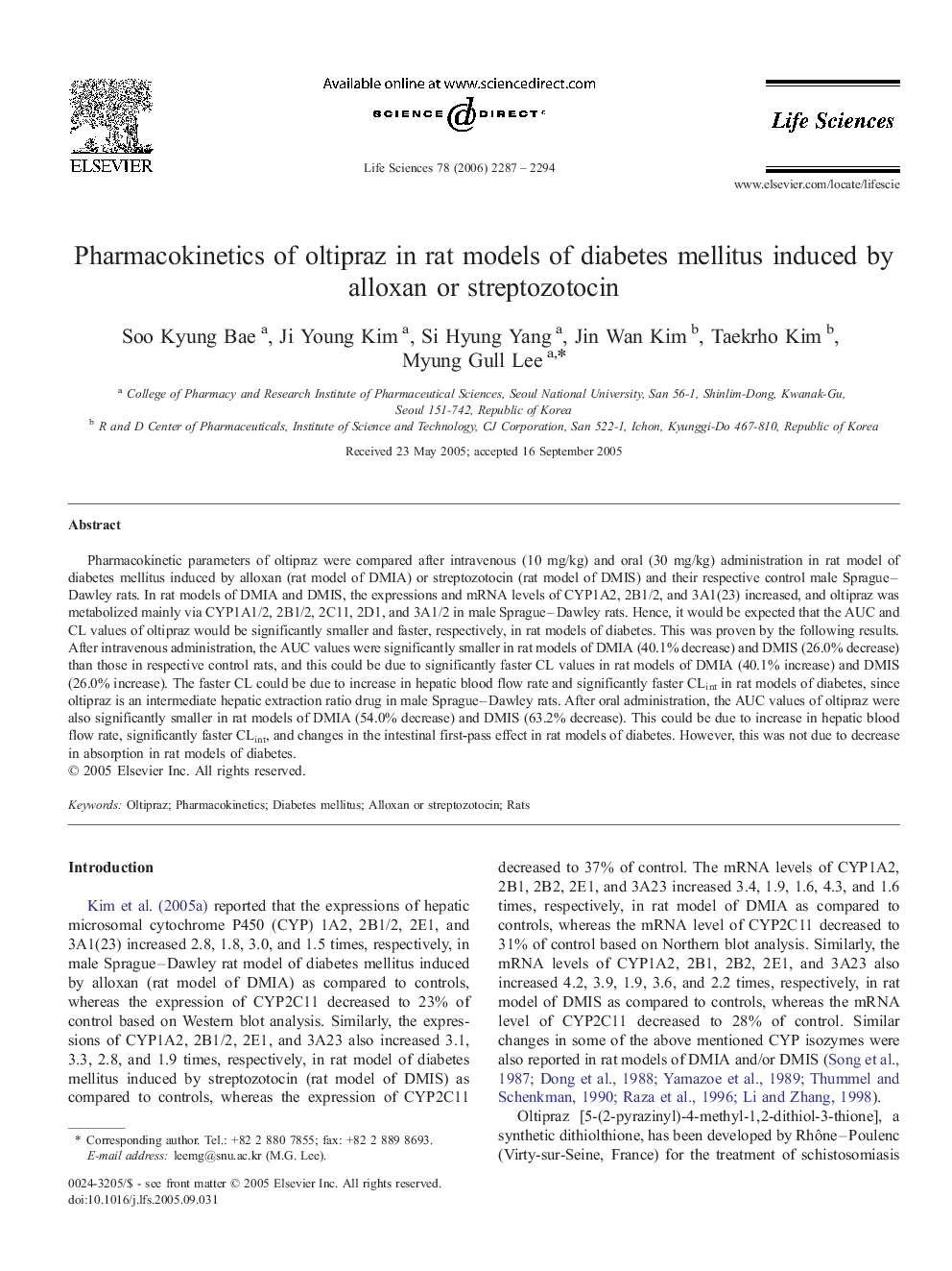 Pharmacokinetics of oltipraz in rat models of diabetes mellitus induced by alloxan or streptozotocin