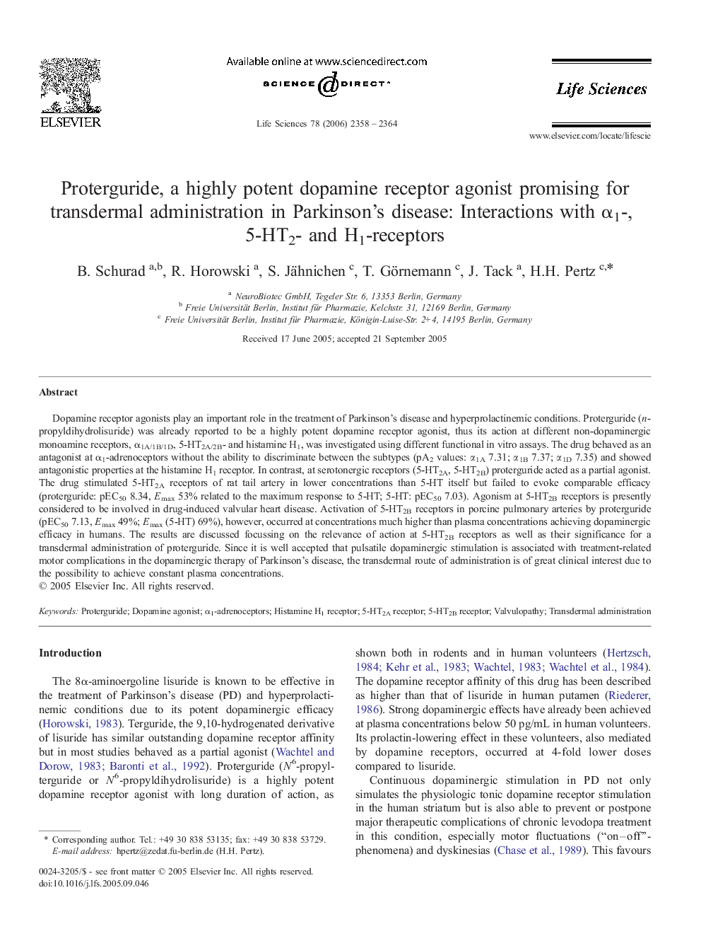 Proterguride, a highly potent dopamine receptor agonist promising for transdermal administration in Parkinson's disease: Interactions with α1-, 5-HT2- and H1-receptors