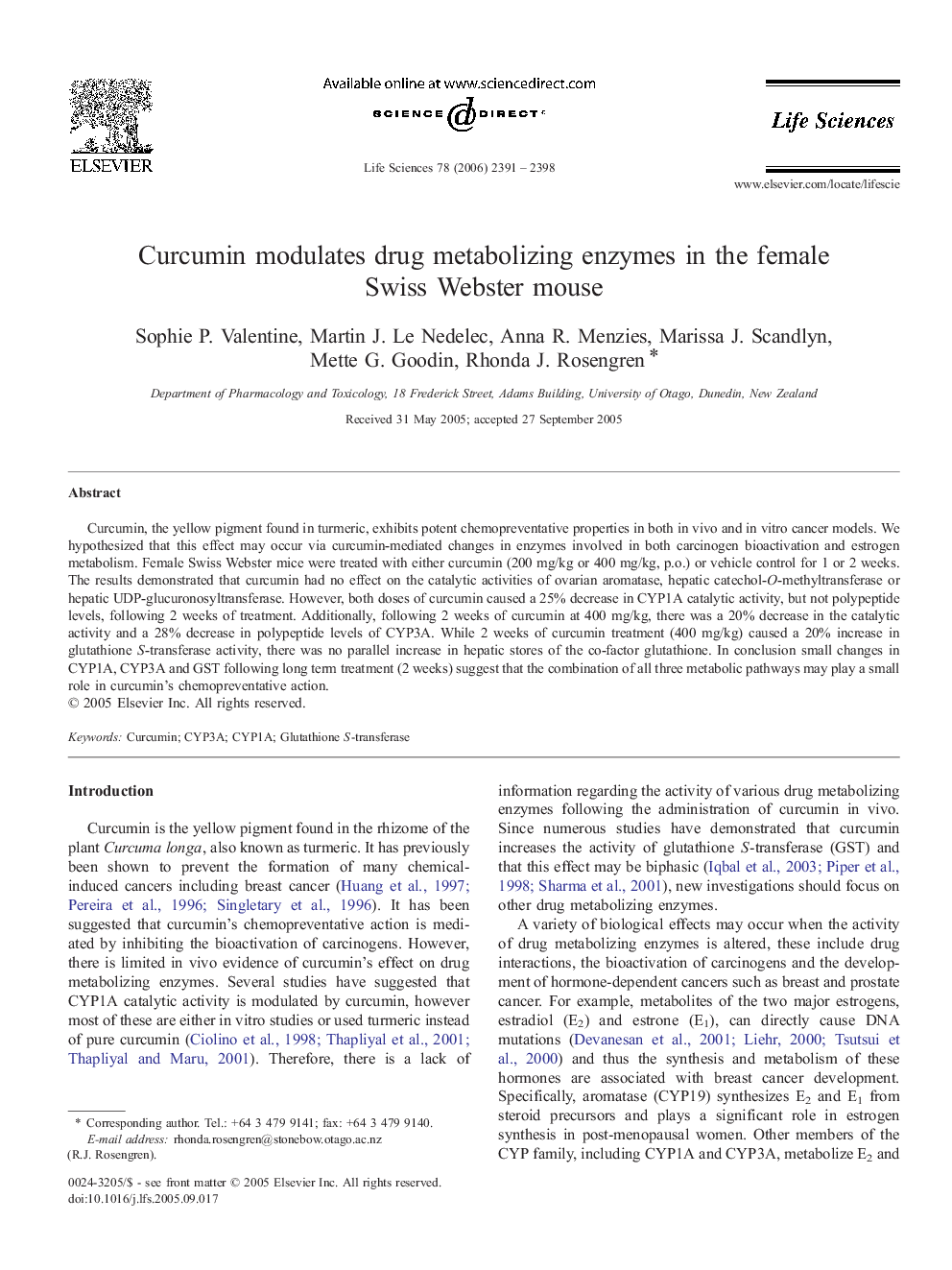 Curcumin modulates drug metabolizing enzymes in the female Swiss Webster mouse