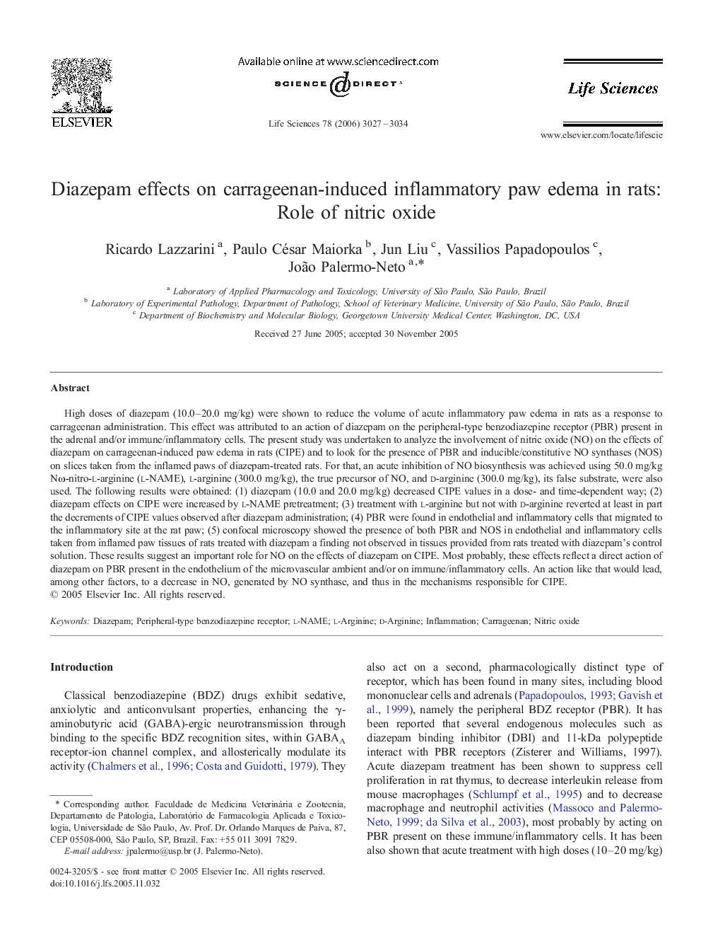 Diazepam effects on carrageenan-induced inflammatory paw edema in rats: Role of nitric oxide