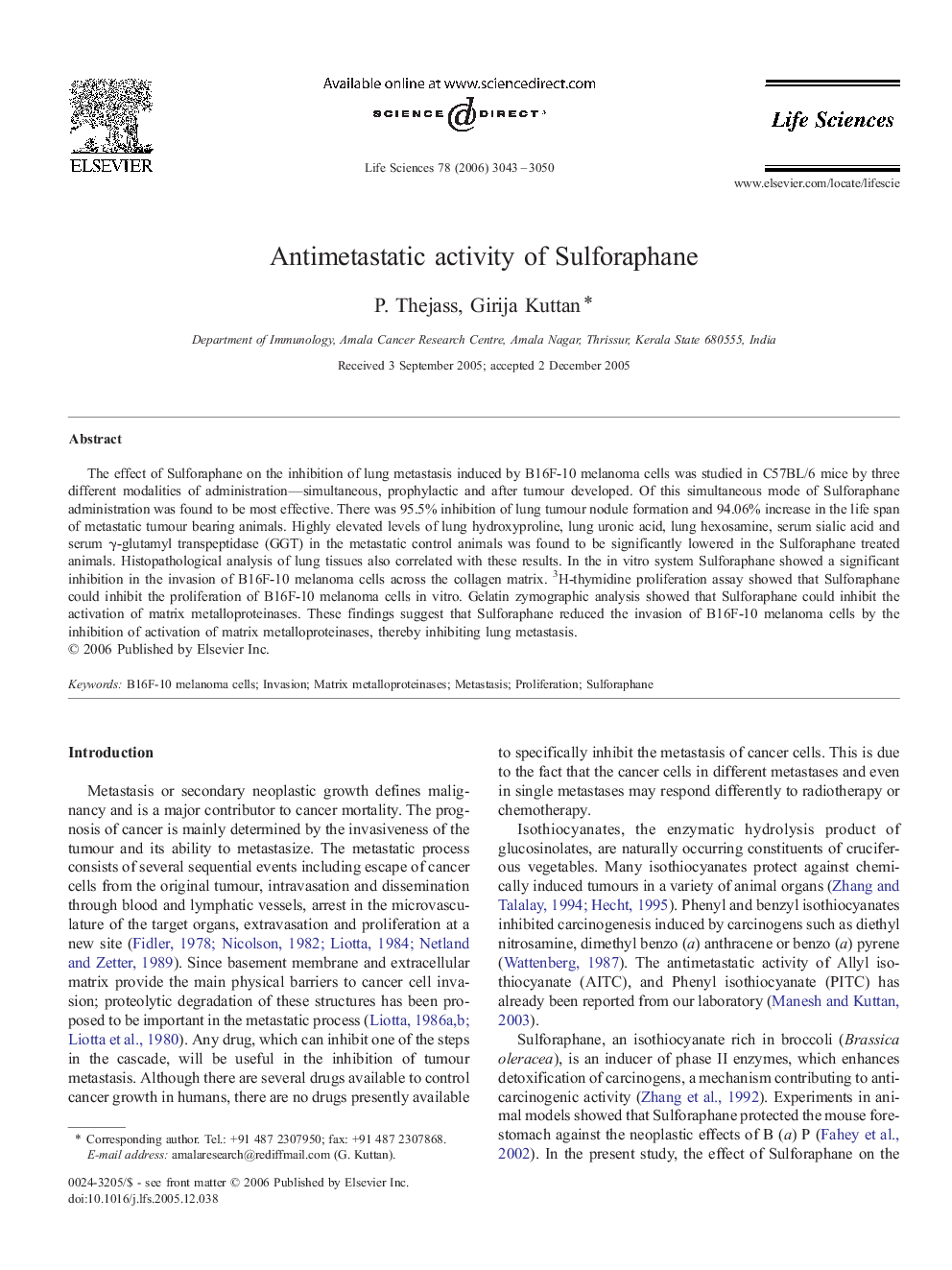 Antimetastatic activity of Sulforaphane