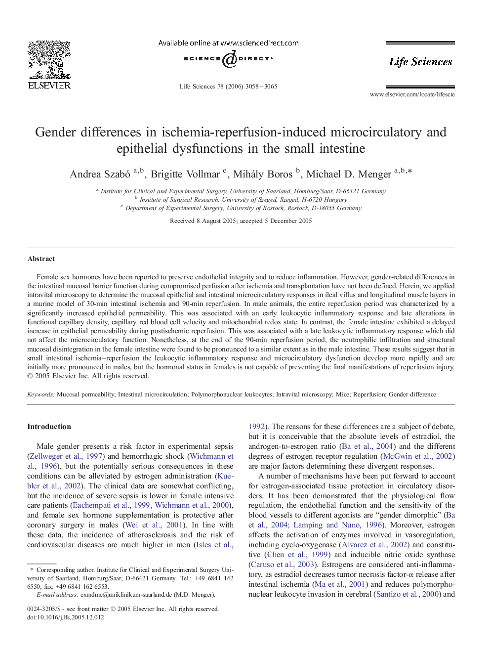 Gender differences in ischemia-reperfusion-induced microcirculatory and epithelial dysfunctions in the small intestine