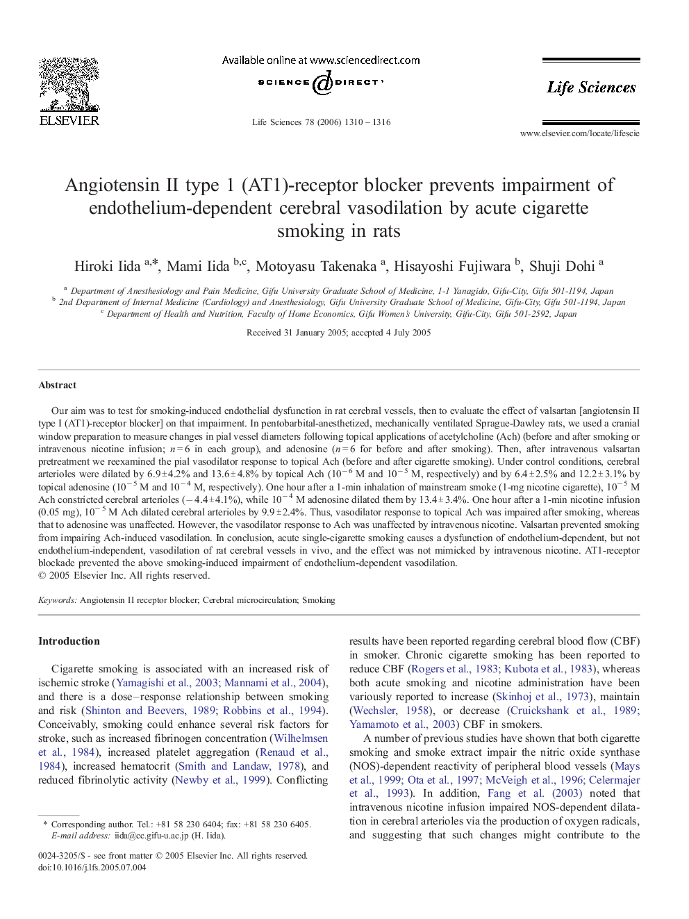 Angiotensin II type 1 (AT1)-receptor blocker prevents impairment of endothelium-dependent cerebral vasodilation by acute cigarette smoking in rats