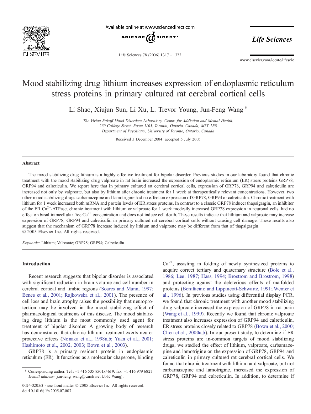 Mood stabilizing drug lithium increases expression of endoplasmic reticulum stress proteins in primary cultured rat cerebral cortical cells