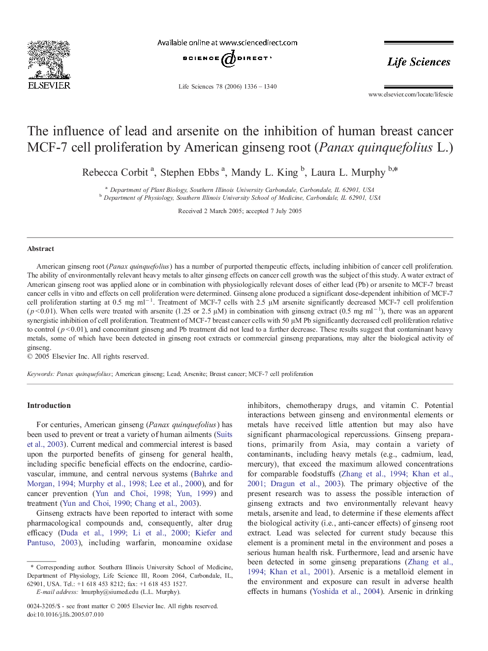 The influence of lead and arsenite on the inhibition of human breast cancer MCF-7 cell proliferation by American ginseng root (Panax quinquefolius L.)