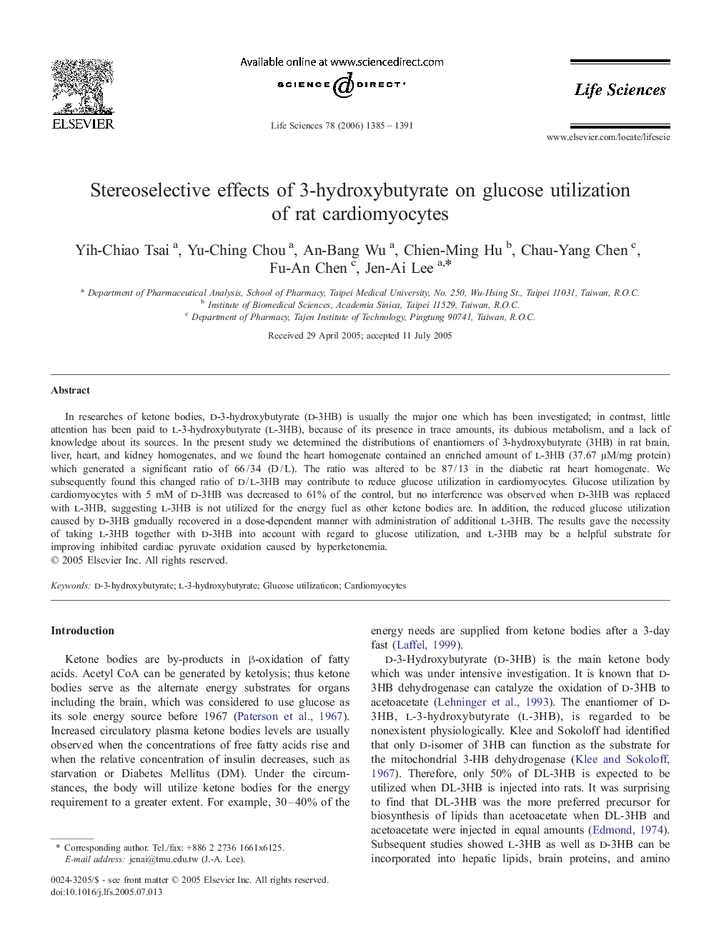 Stereoselective effects of 3-hydroxybutyrate on glucose utilization of rat cardiomyocytes