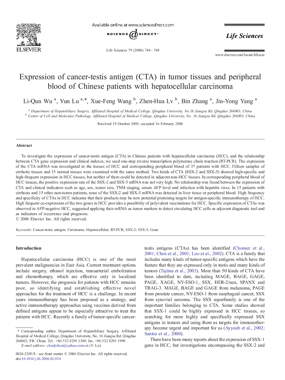 Expression of cancer-testis antigen (CTA) in tumor tissues and peripheral blood of Chinese patients with hepatocellular carcinoma