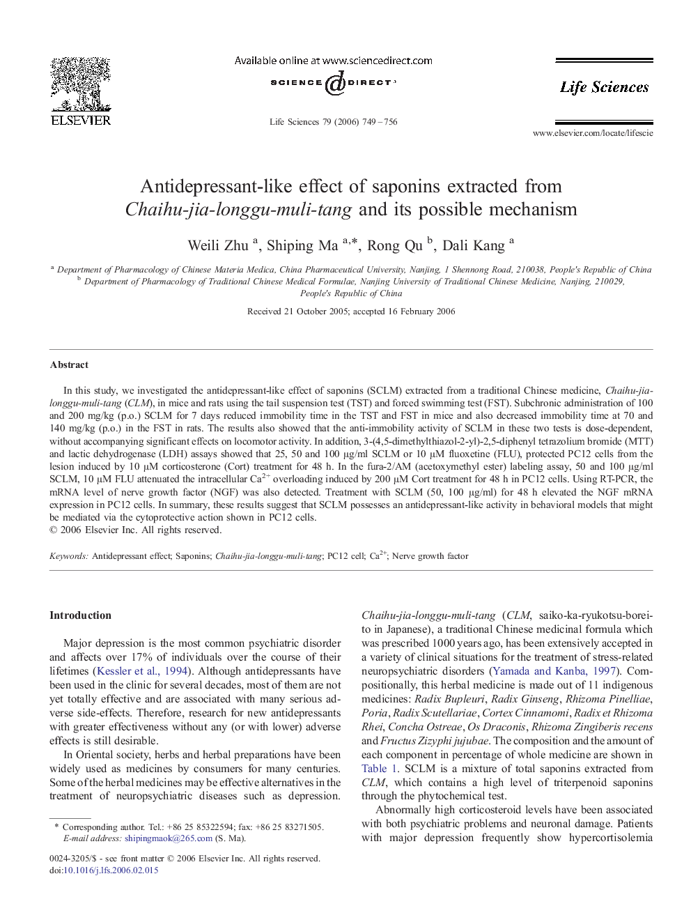 Antidepressant-like effect of saponins extracted from Chaihu-jia-longgu-muli-tang and its possible mechanism