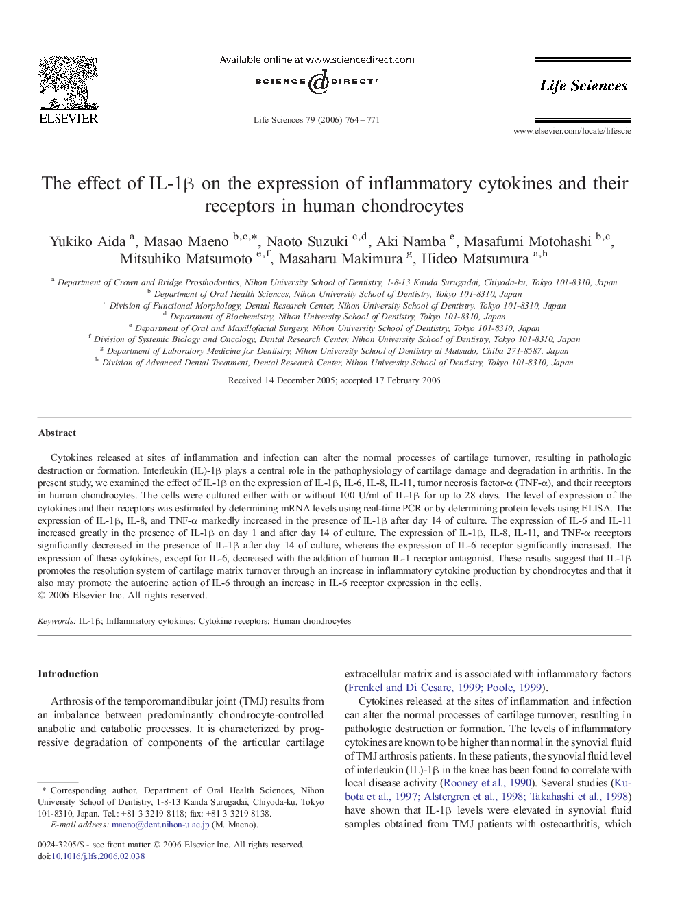 The effect of IL-1β on the expression of inflammatory cytokines and their receptors in human chondrocytes