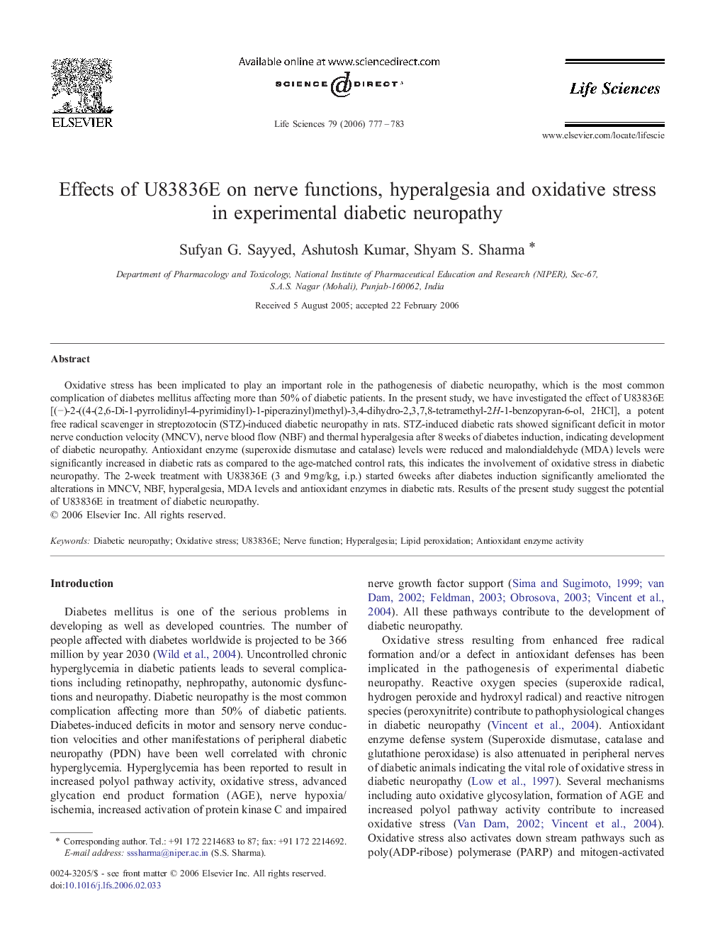 Effects of U83836E on nerve functions, hyperalgesia and oxidative stress in experimental diabetic neuropathy