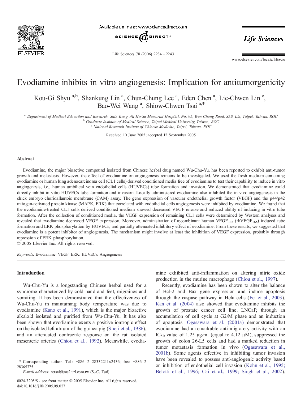 Evodiamine inhibits in vitro angiogenesis: Implication for antitumorgenicity