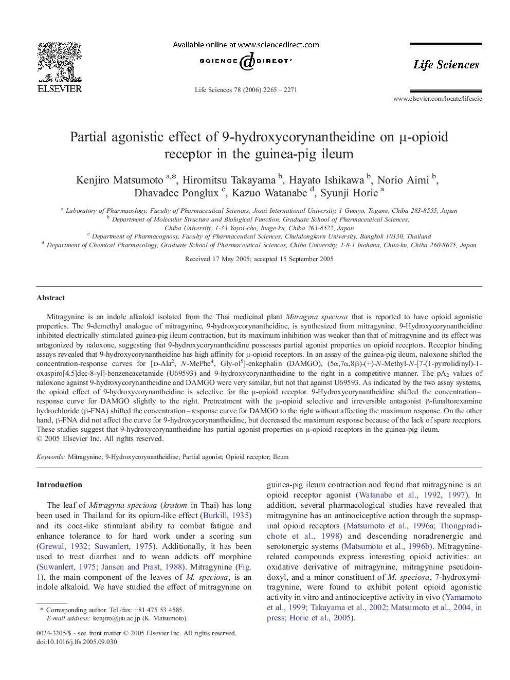 Partial agonistic effect of 9-hydroxycorynantheidine on μ-opioid receptor in the guinea-pig ileum