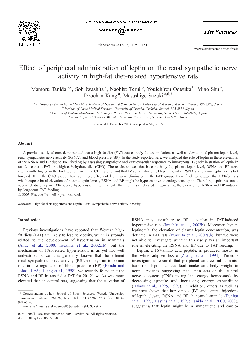 Effect of peripheral administration of leptin on the renal sympathetic nerve activity in high-fat diet-related hypertensive rats