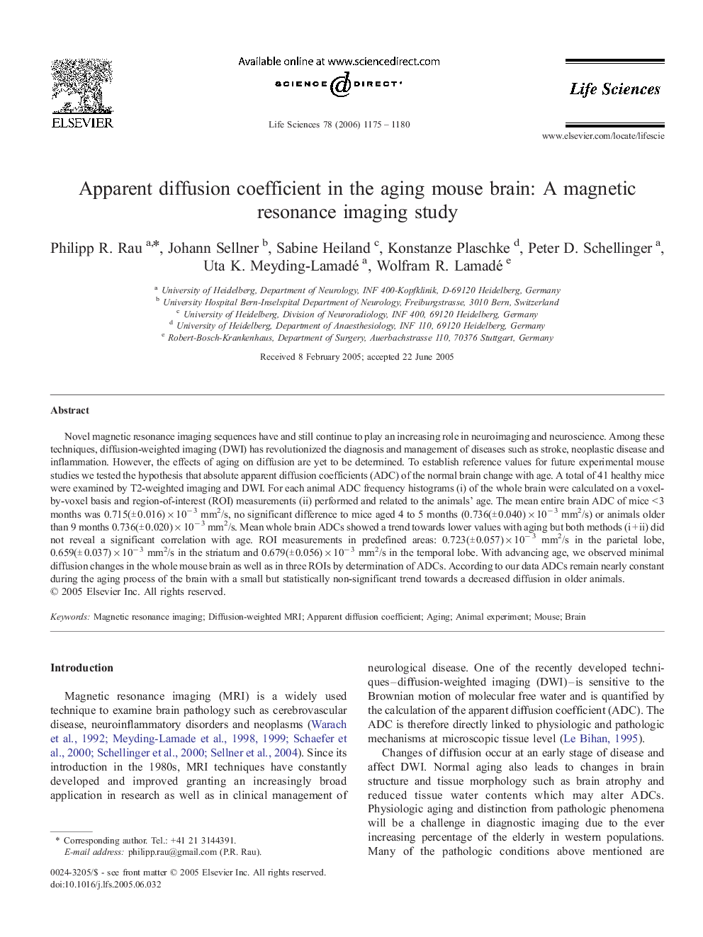 Apparent diffusion coefficient in the aging mouse brain: A magnetic resonance imaging study