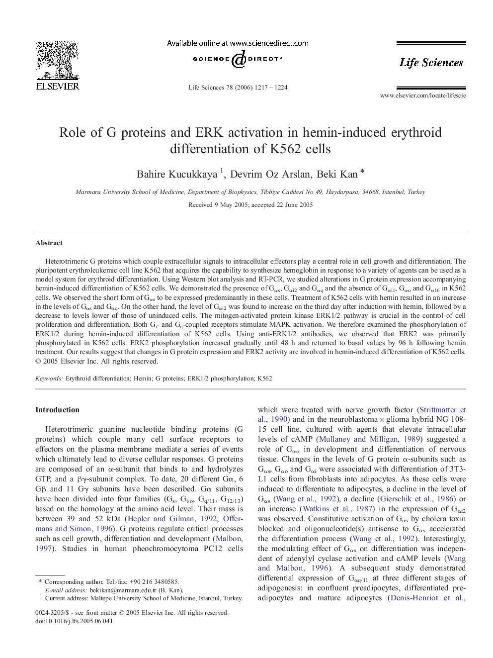 Role of G proteins and ERK activation in hemin-induced erythroid differentiation of K562 cells