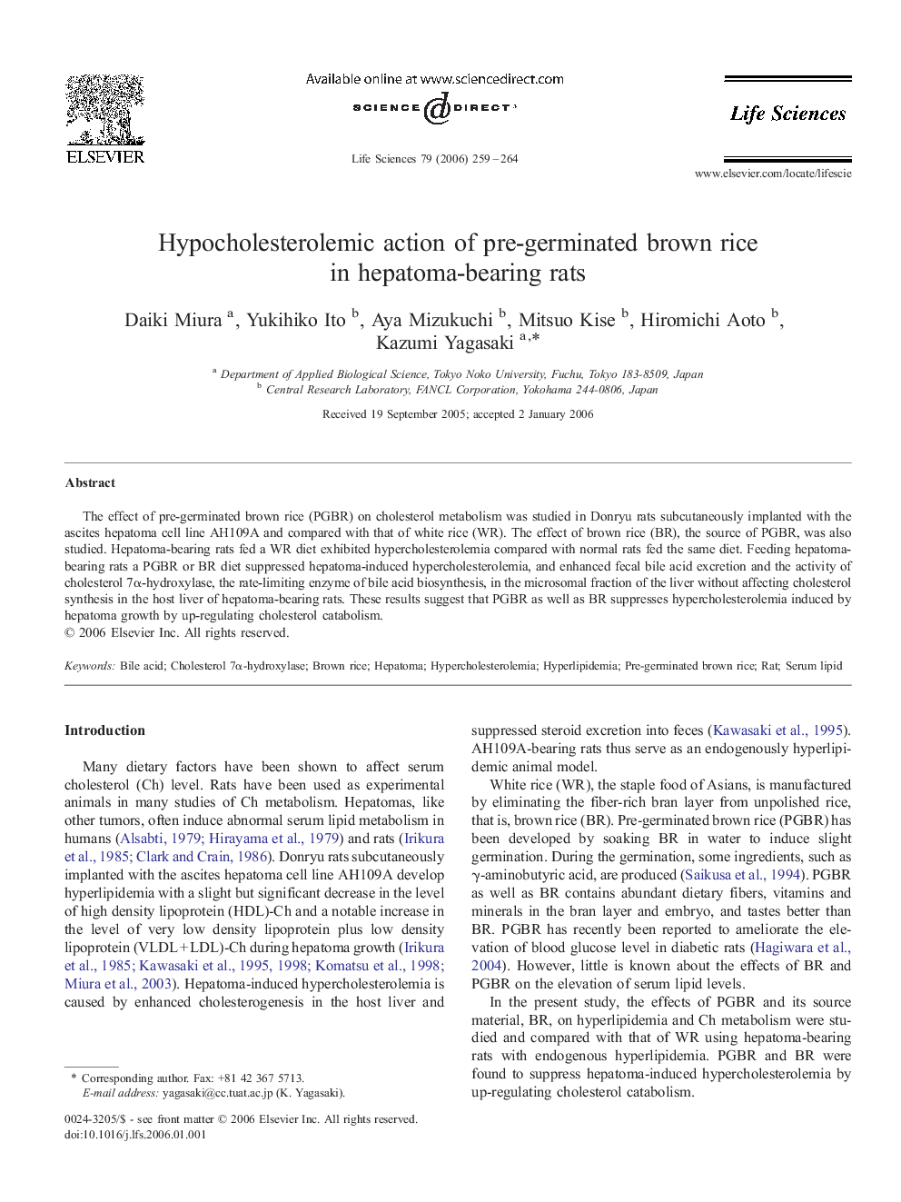 Hypocholesterolemic action of pre-germinated brown rice in hepatoma-bearing rats