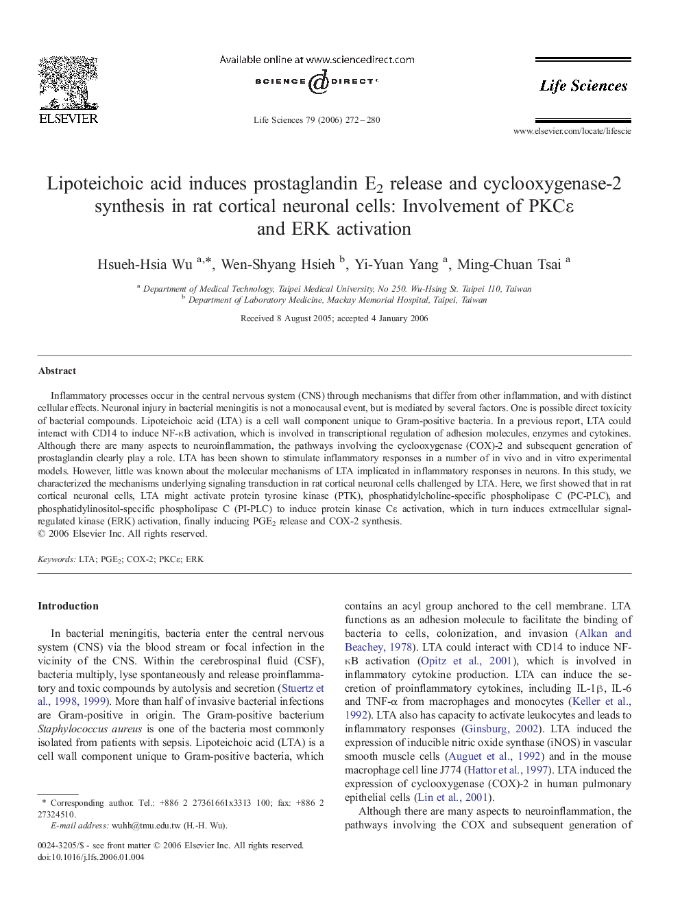 Lipoteichoic acid induces prostaglandin E2 release and cyclooxygenase-2 synthesis in rat cortical neuronal cells: Involvement of PKCε and ERK activation