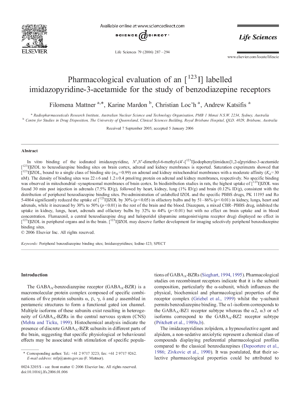 Pharmacological evaluation of an [123I] labelled imidazopyridine-3-acetamide for the study of benzodiazepine receptors