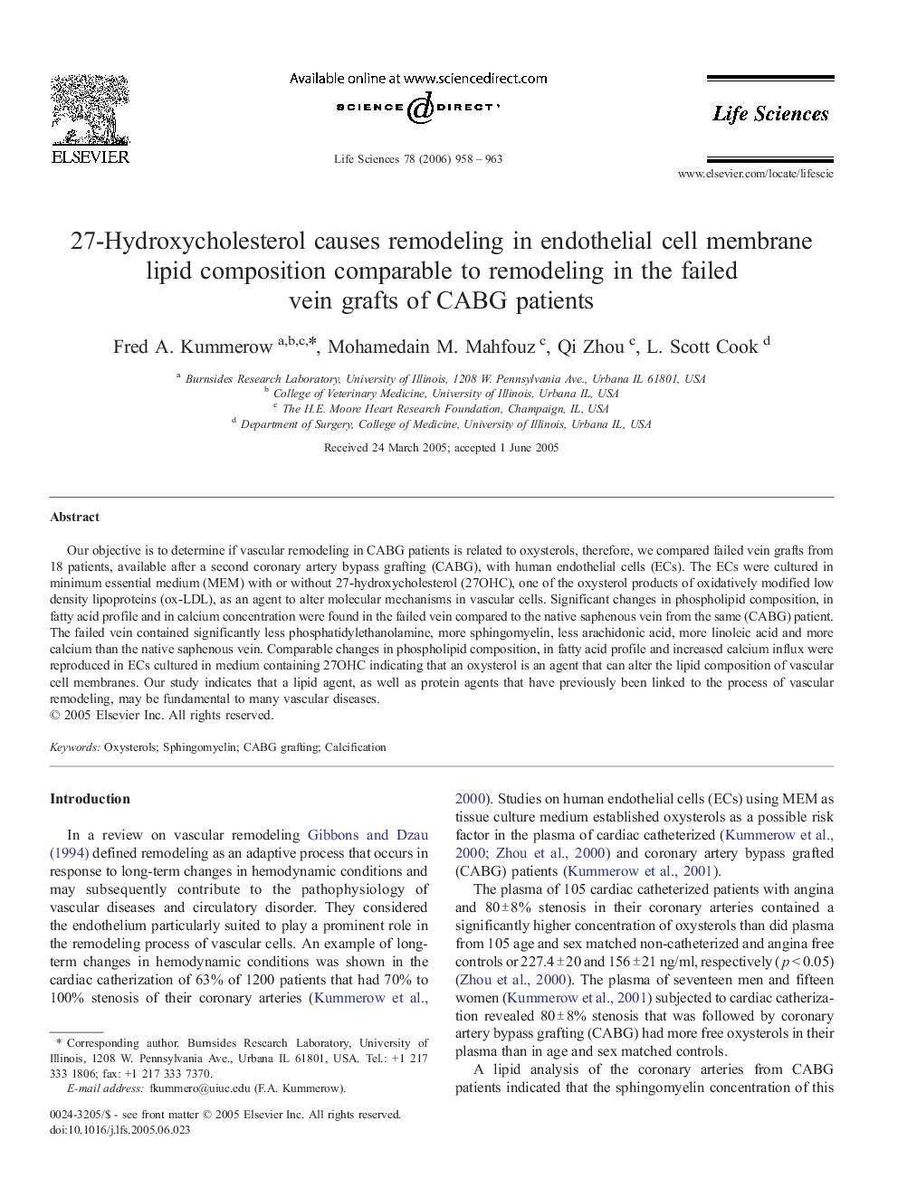 27-Hydroxycholesterol causes remodeling in endothelial cell membrane lipid composition comparable to remodeling in the failed vein grafts of CABG patients