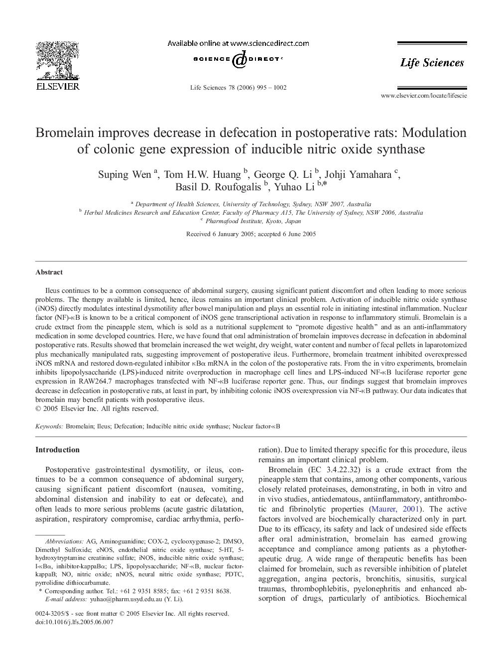 Bromelain improves decrease in defecation in postoperative rats: Modulation of colonic gene expression of inducible nitric oxide synthase