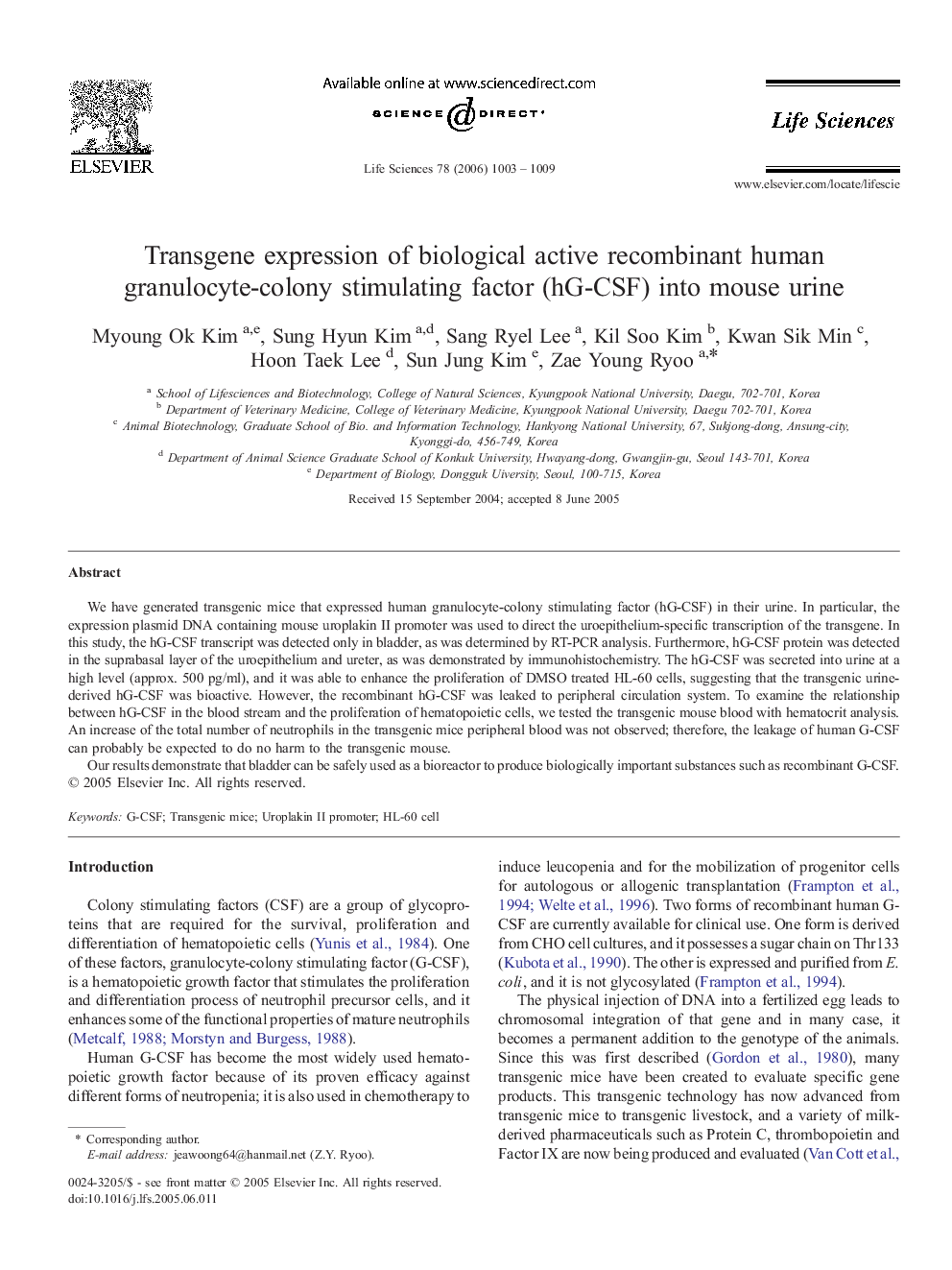 Transgene expression of biological active recombinant human granulocyte-colony stimulating factor (hG-CSF) into mouse urine