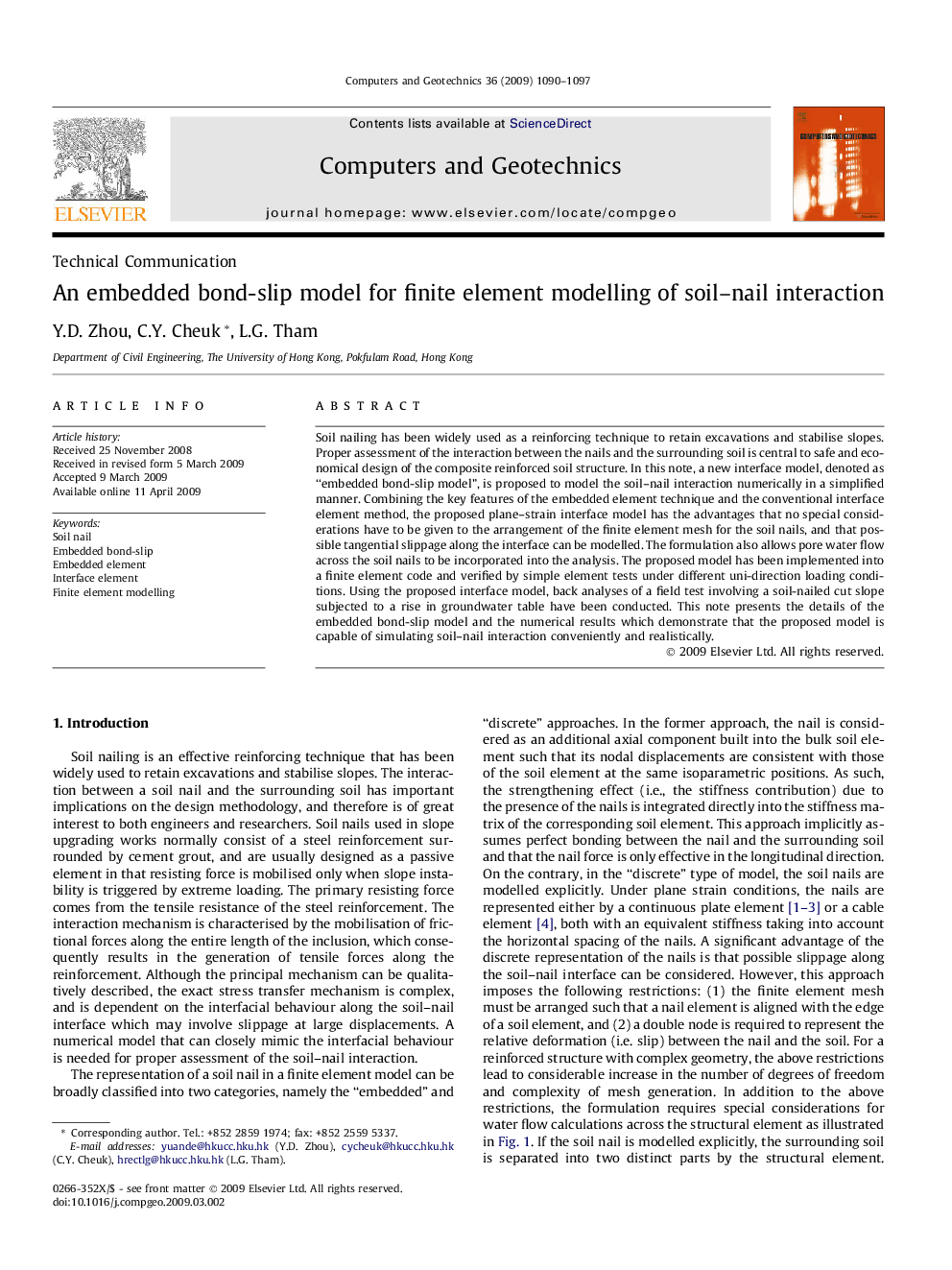 An embedded bond-slip model for finite element modelling of soil–nail interaction