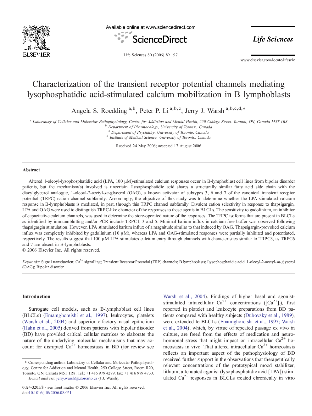 Characterization of the transient receptor potential channels mediating lysophosphatidic acid-stimulated calcium mobilization in B lymphoblasts