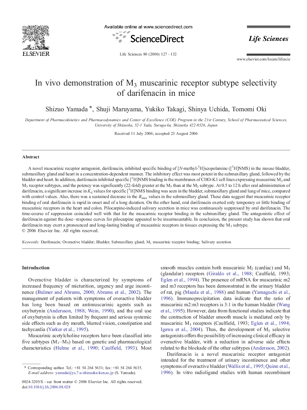 In vivo demonstration of M3 muscarinic receptor subtype selectivity of darifenacin in mice