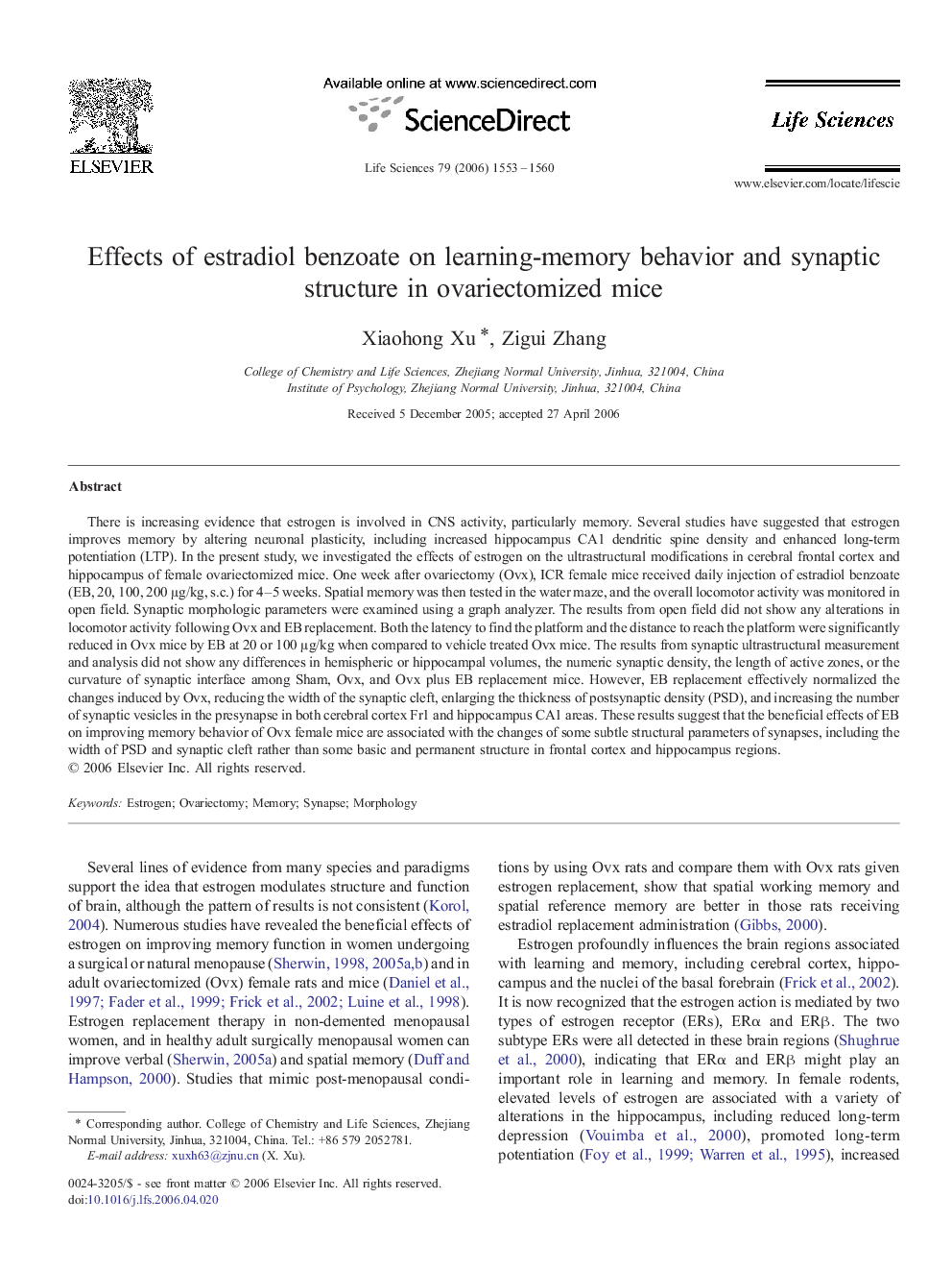 Effects of estradiol benzoate on learning-memory behavior and synaptic structure in ovariectomized mice