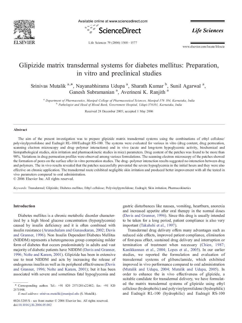 Glipizide matrix transdermal systems for diabetes mellitus: Preparation, in vitro and preclinical studies