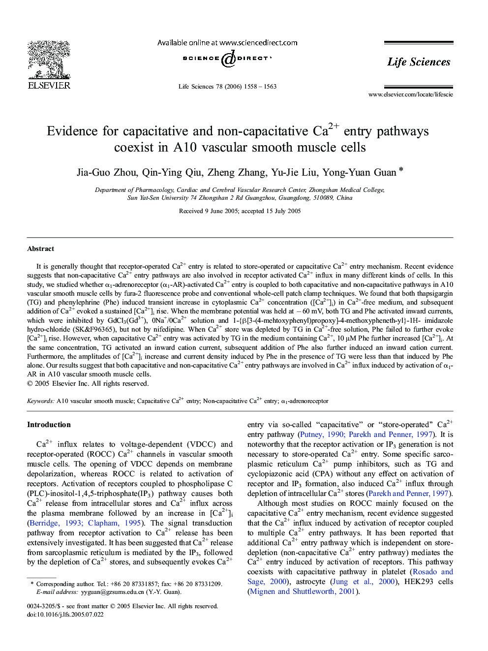 Evidence for capacitative and non-capacitative Ca2+ entry pathways coexist in A10 vascular smooth muscle cells