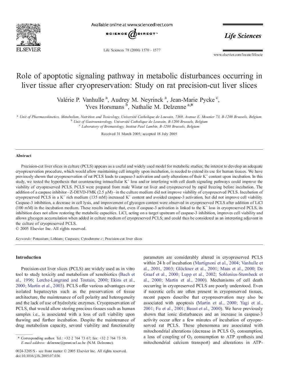 Role of apoptotic signaling pathway in metabolic disturbances occurring in liver tissue after cryopreservation: Study on rat precision-cut liver slices