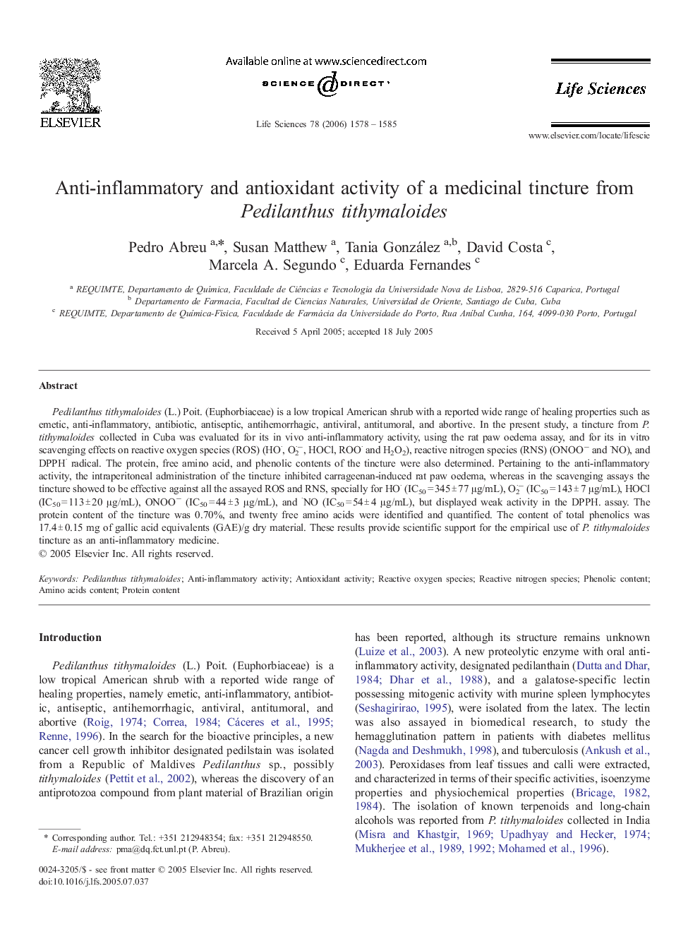 Anti-inflammatory and antioxidant activity of a medicinal tincture from Pedilanthus tithymaloides