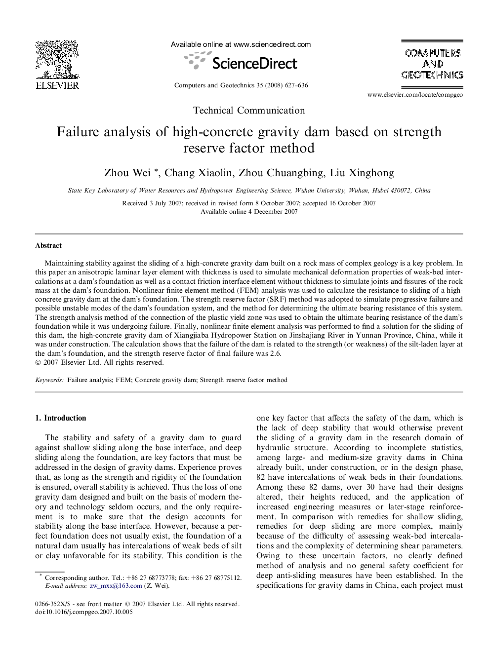 Failure analysis of high-concrete gravity dam based on strength reserve factor method