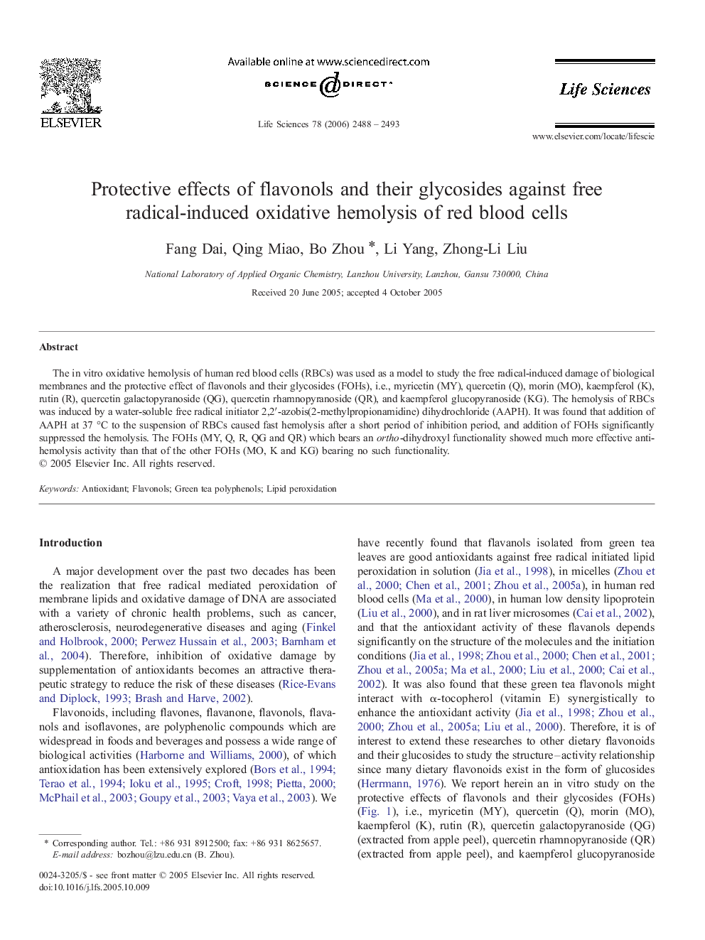 Protective effects of flavonols and their glycosides against free radical-induced oxidative hemolysis of red blood cells