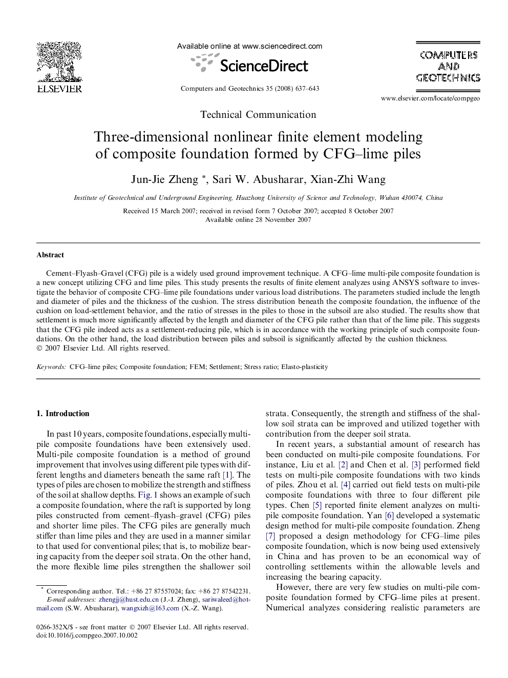 Three-dimensional nonlinear finite element modeling of composite foundation formed by CFG–lime piles