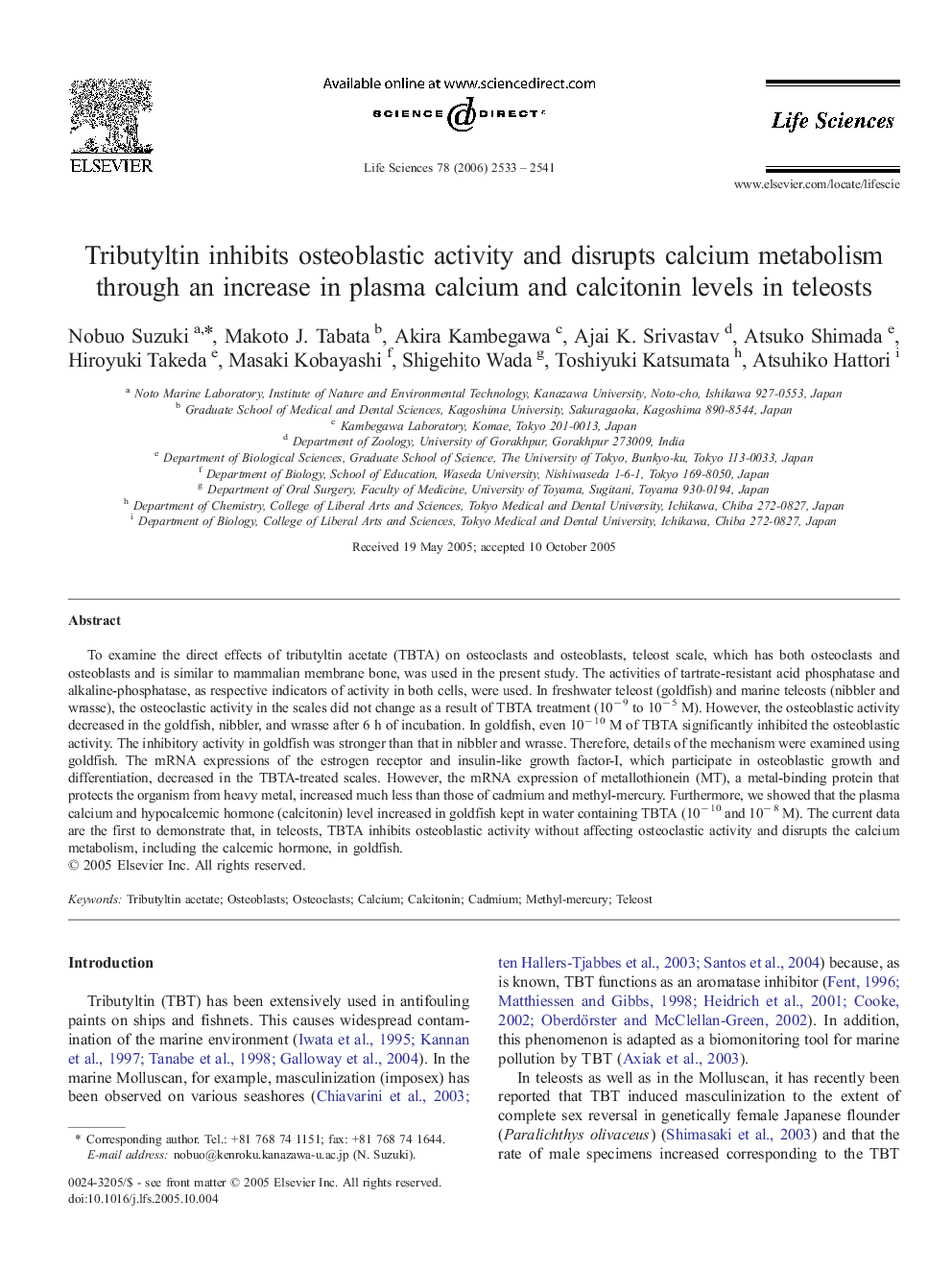 Tributyltin inhibits osteoblastic activity and disrupts calcium metabolism through an increase in plasma calcium and calcitonin levels in teleosts