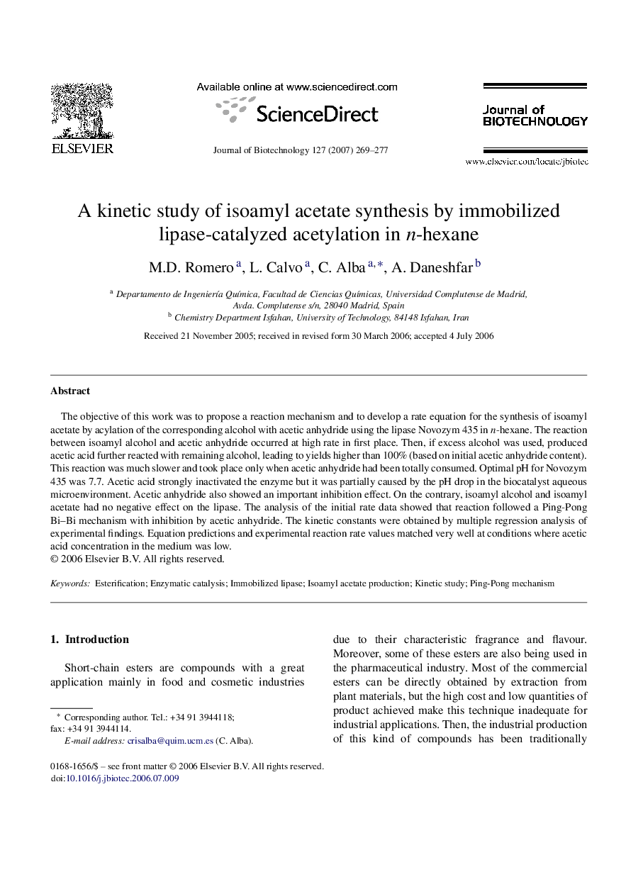 A kinetic study of isoamyl acetate synthesis by immobilized lipase-catalyzed acetylation in n-hexane