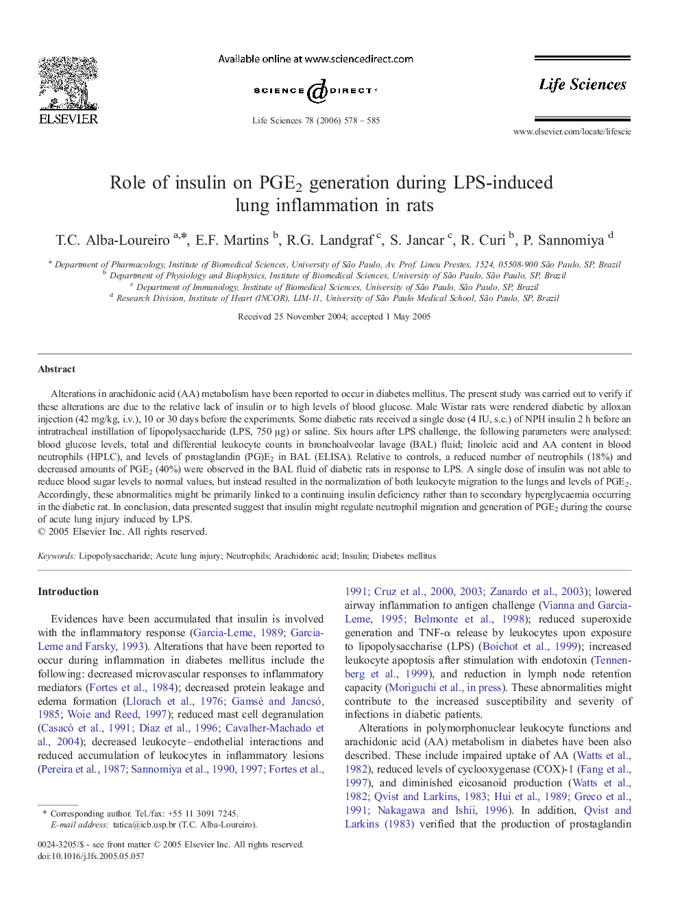 Role of insulin on PGE2 generation during LPS-induced lung inflammation in rats