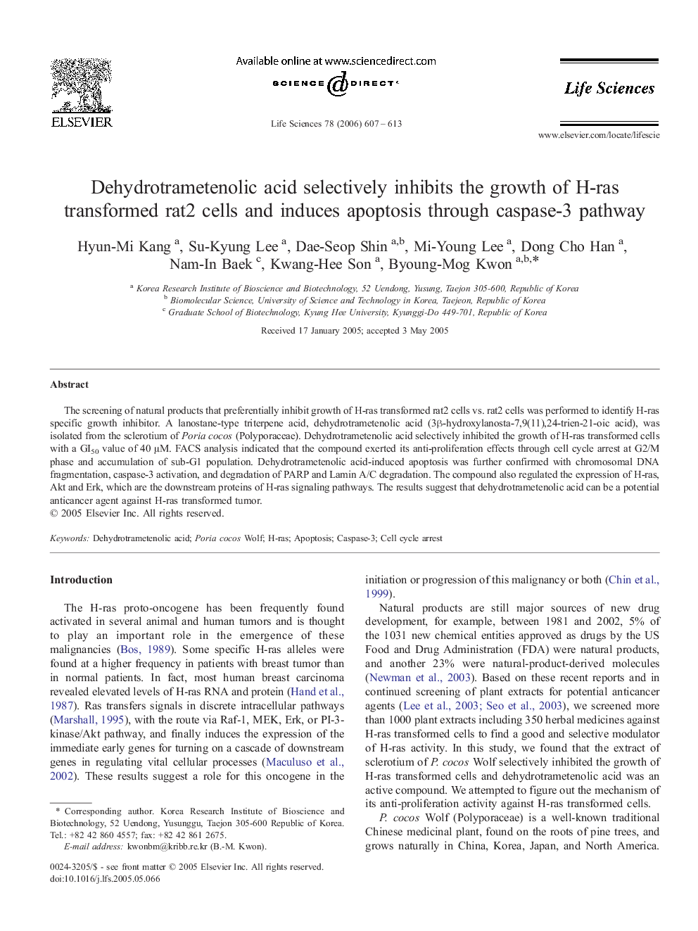 Dehydrotrametenolic acid selectively inhibits the growth of H-ras transformed rat2 cells and induces apoptosis through caspase-3 pathway