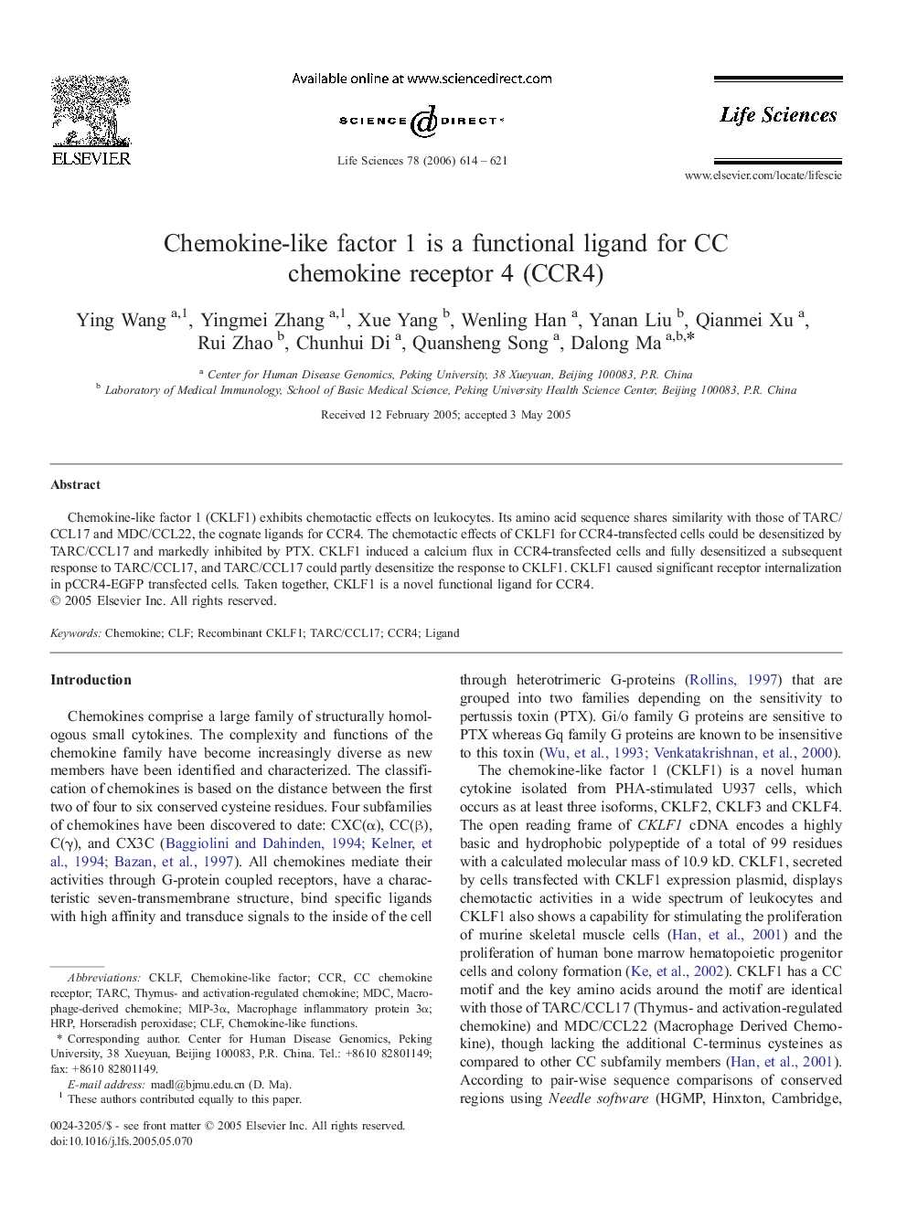 Chemokine-like factor 1 is a functional ligand for CC chemokine receptor 4 (CCR4)