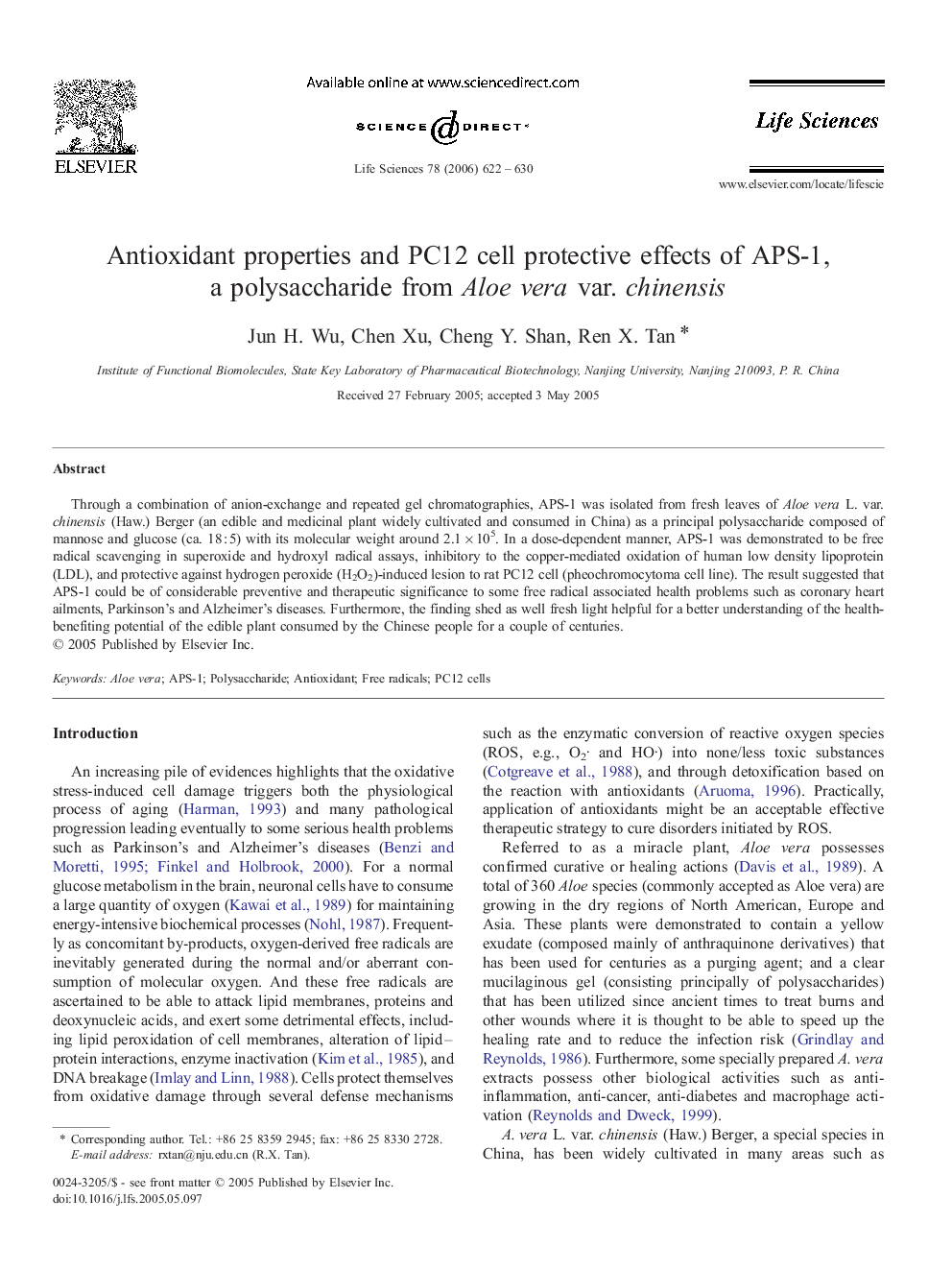 Antioxidant properties and PC12 cell protective effects of APS-1, a polysaccharide from Aloe vera var. chinensis