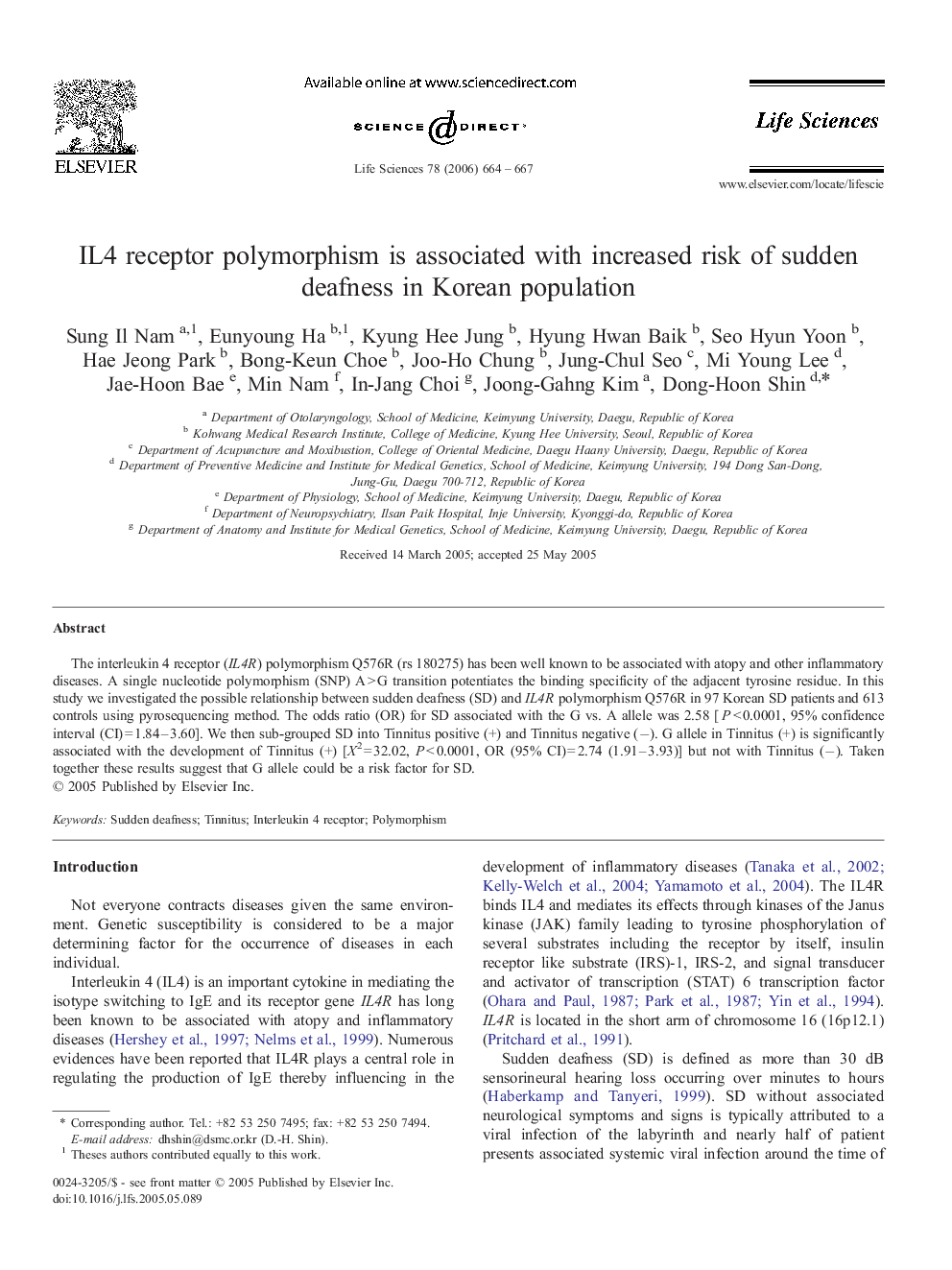 IL4 receptor polymorphism is associated with increased risk of sudden deafness in Korean population