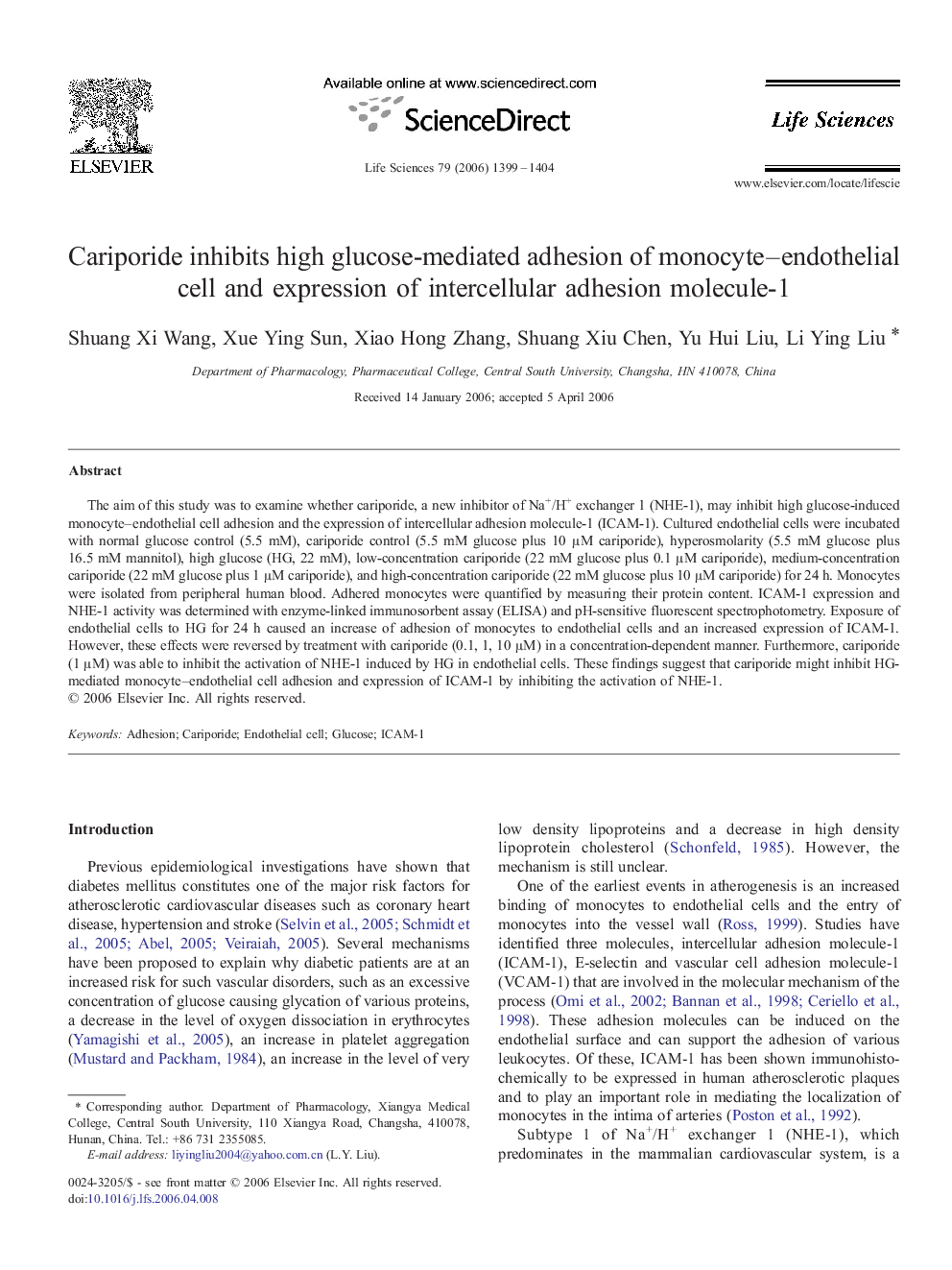 Cariporide inhibits high glucose-mediated adhesion of monocyte–endothelial cell and expression of intercellular adhesion molecule-1