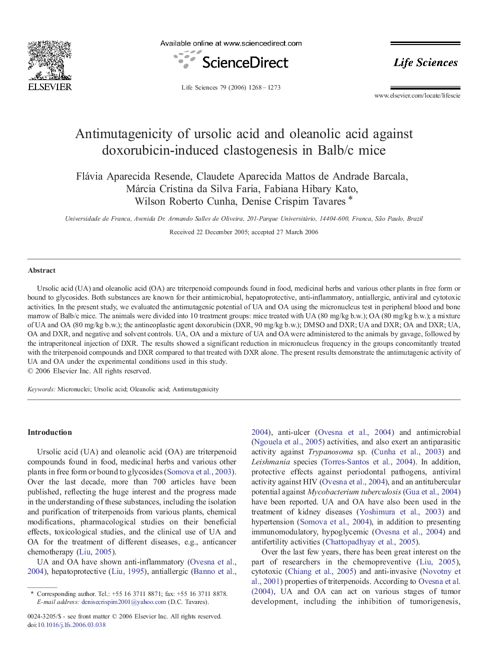 Antimutagenicity of ursolic acid and oleanolic acid against doxorubicin-induced clastogenesis in Balb/c mice