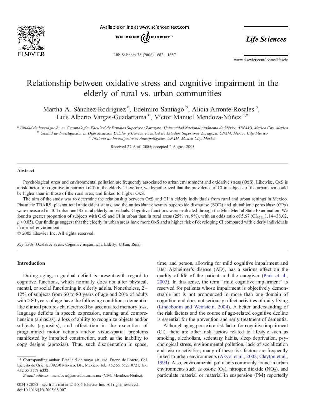 Relationship between oxidative stress and cognitive impairment in the elderly of rural vs. urban communities