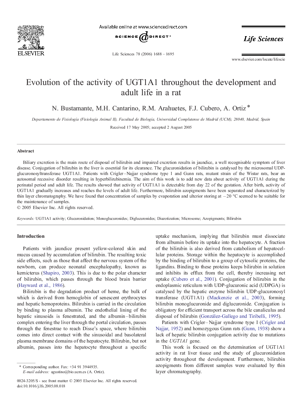 Evolution of the activity of UGT1A1 throughout the development and adult life in a rat