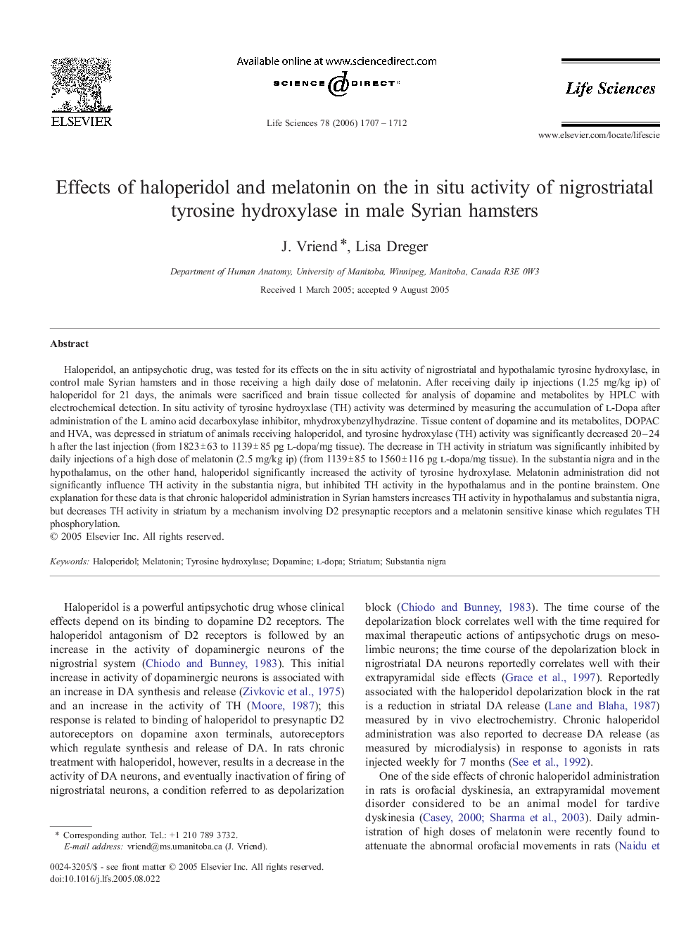 Effects of haloperidol and melatonin on the in situ activity of nigrostriatal tyrosine hydroxylase in male Syrian hamsters