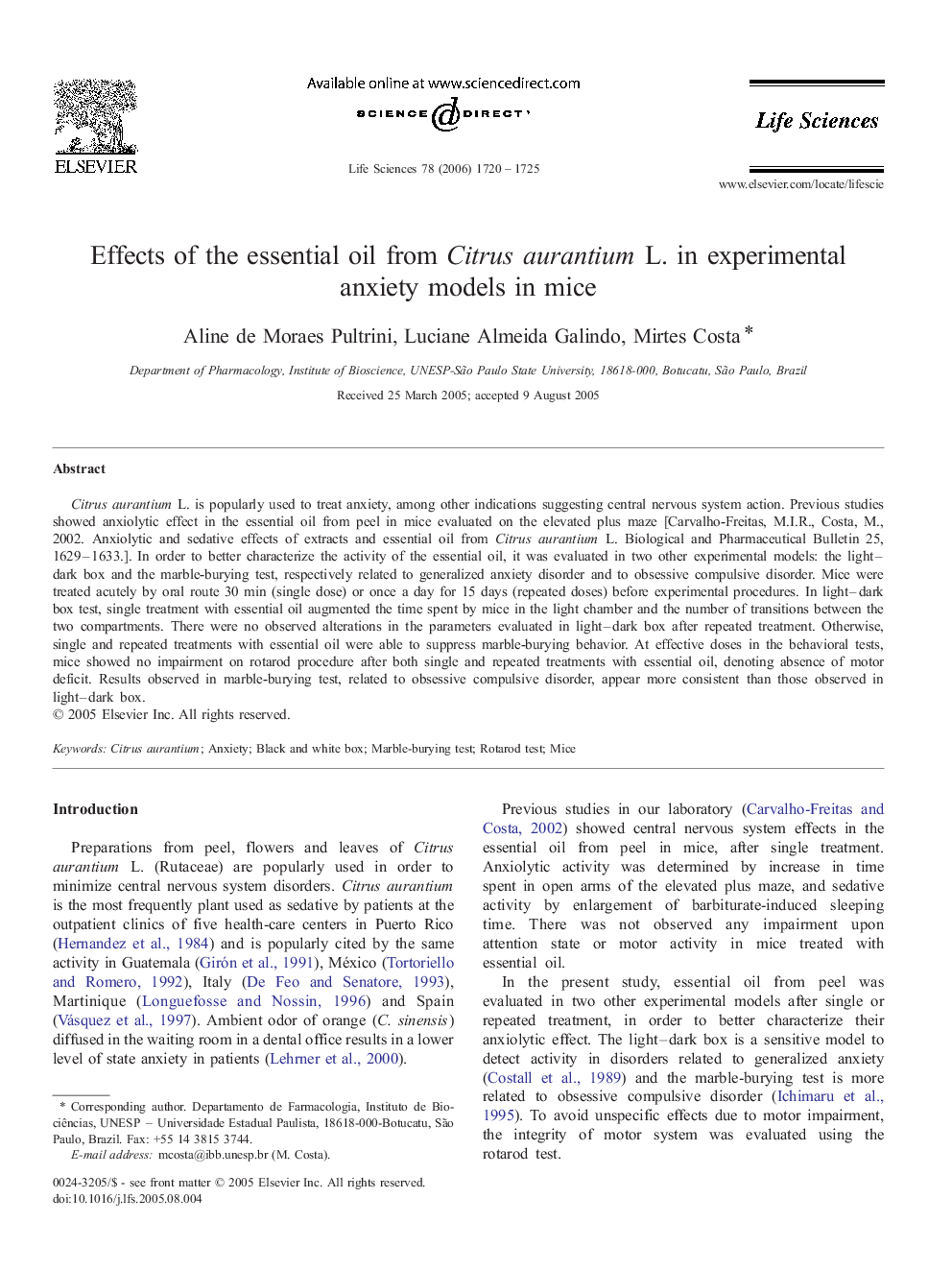 Effects of the essential oil from Citrus aurantium L. in experimental anxiety models in mice