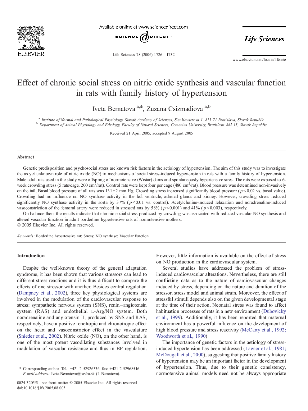 Effect of chronic social stress on nitric oxide synthesis and vascular function in rats with family history of hypertension